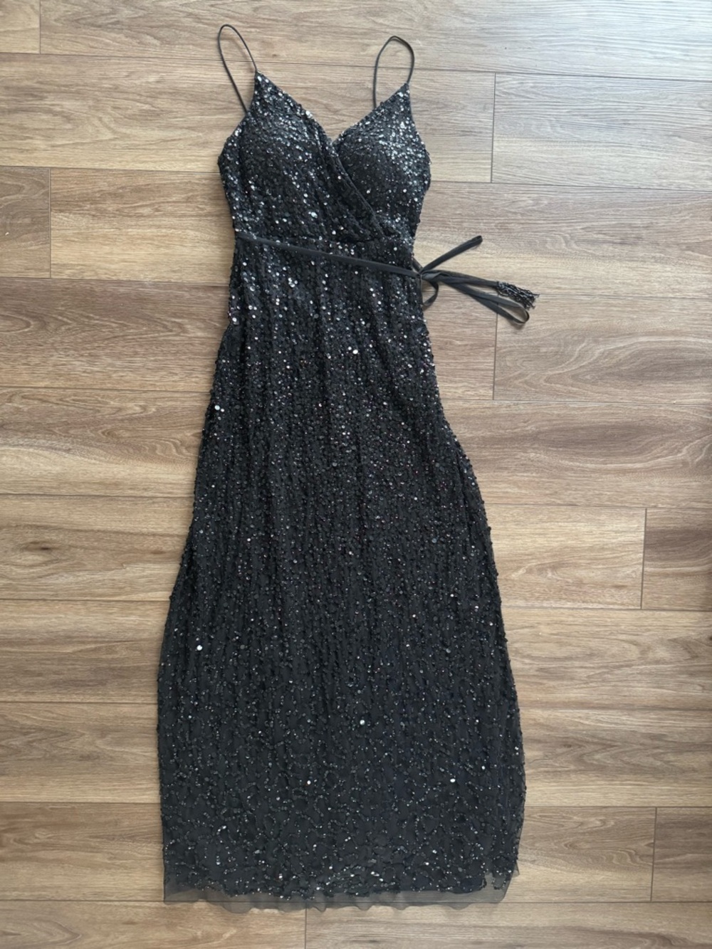 Adrianna Papell Black Sequin Spaghetti-Strap Wrap Dress
